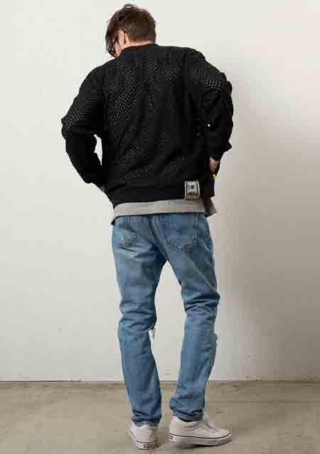 STUD MUFFIN コットンラッセルメッシュ ハンドニットワッペンビックジップブルゾン | BLACK