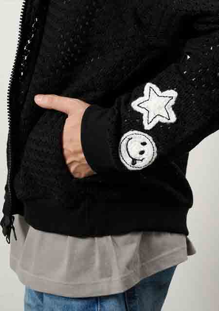 STUD MUFFIN コットンラッセルメッシュ ハンドニットワッペンビックジップブルゾン | BLACK