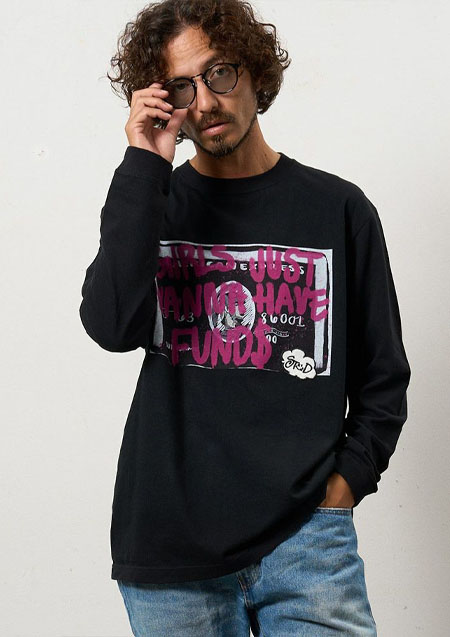 STUD MUFFIN 5.6ozコットン天竺 クレジットグラフィティ＆パッチLSシャツ ロンT | BLACK