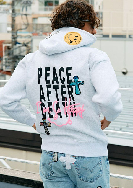 STUD MUFFIN TC裏毛起毛 PEACE AFTER DEATH&マルチパッチワーク プルパーカー | ASH