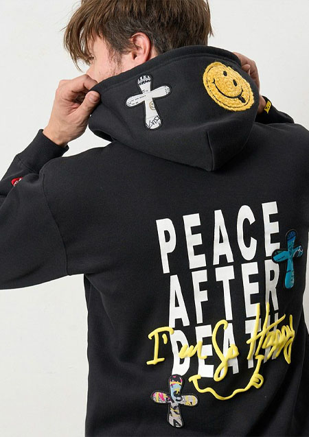 STUD MUFFIN TC裏毛起毛 PEACE AFTER DEATH&amp;マルチパッチワーク プルパーカー | BLACK