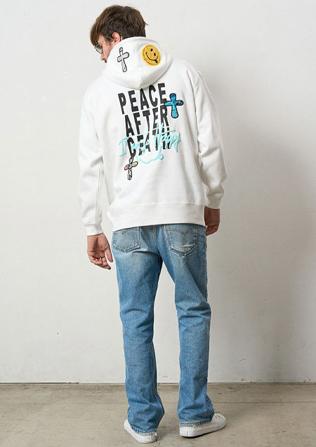 STUD MUFFIN TC裏毛起毛 PEACE AFTER DEATH&マルチパッチワーク プルパーカー | WHITE