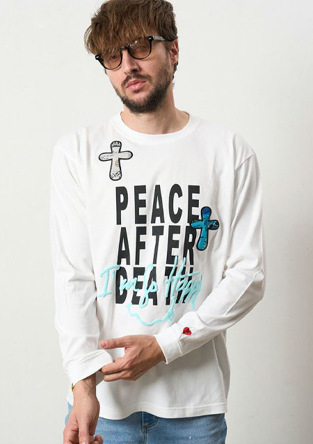 STUD MUFFIN 5.6ozコットン天竺 PEACE AFTER DEATH&クロスパッチワーク LS Tシャツ | WHITE
