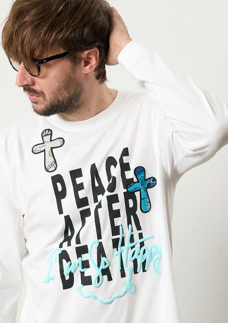 STUD MUFFIN 5.6ozコットン天竺 PEACE AFTER DEATH&クロスパッチワーク LS Tシャツ | WHITE