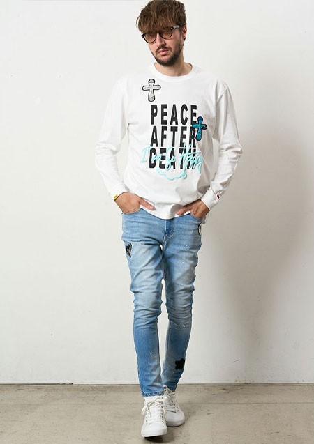 STUD MUFFIN 5.6ozコットン天竺 PEACE AFTER DEATH&クロスパッチワーク LS Tシャツ | WHITE