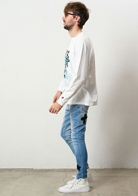 STUD MUFFIN 5.6ozコットン天竺 PEACE AFTER DEATH&クロスパッチワーク LS Tシャツ | WHITE