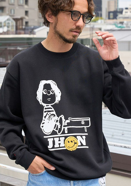 STUD MUFFIN TC裏毛起毛 JHONPEACEBED＆手編みワッペン スエットシャツ | BLACK