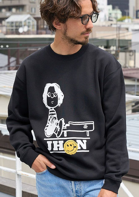 STUD MUFFIN TC裏毛起毛 JHONPEACEBED＆手編みワッペン スエットシャツ | BLACK