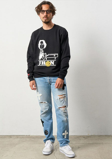 STUD MUFFIN TC裏毛起毛 JHONPEACEBED＆手編みワッペン スエットシャツ | BLACK