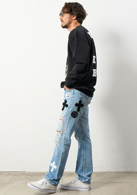 STUD MUFFIN TC裏毛起毛 JHONPEACEBED＆手編みワッペン スエットシャツ | BLACK