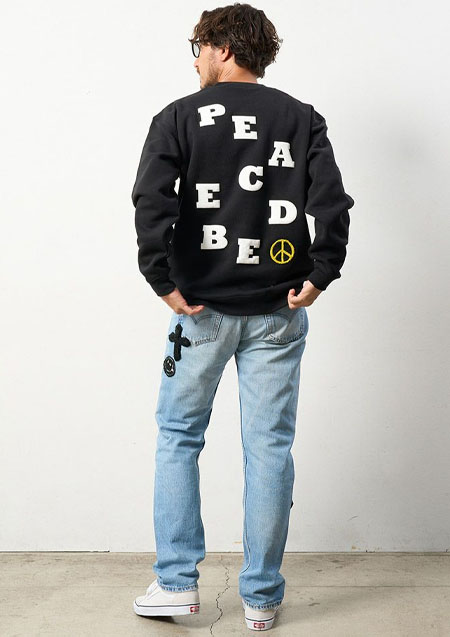 STUD MUFFIN TC裏毛起毛 JHONPEACEBED＆手編みワッペン スエットシャツ | BLACK