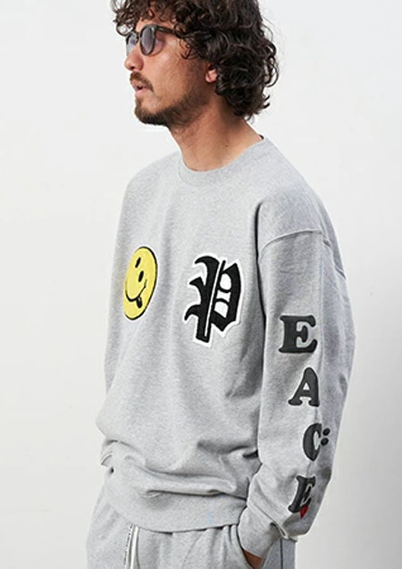 STUD MUFFIN 10ozコットン裏毛パイル PEACE サガラ＆フォームプリント スエットシャツ | MGRAY