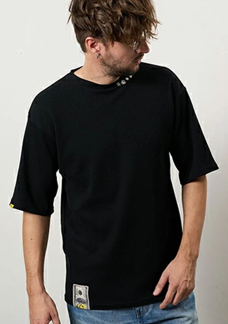 STUD MUFFIN スタッドマフィン コットンヘビーワッフル ワンポイント刺繍 オーバーサイズSSシャツ | BLACK