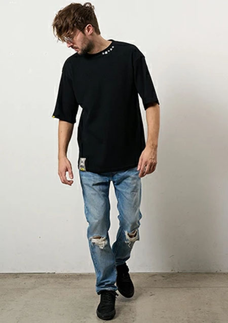 STUD MUFFIN スタッドマフィン コットンヘビーワッフル ワンポイント刺繍 オーバーサイズSSシャツ | BLACK