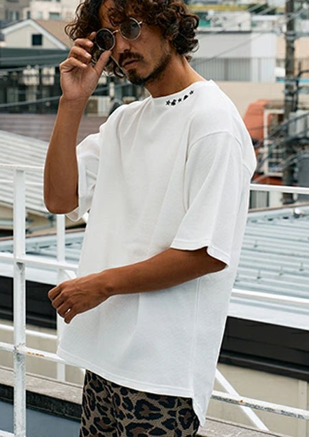 STUD MUFFIN スタッドマフィン コットンヘビーワッフル ワンポイント刺繍 オーバーサイズSSシャツ | WHITE