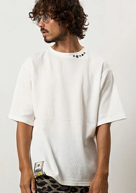 STUD MUFFIN スタッドマフィン コットンヘビーワッフル ワンポイント刺繍 オーバーサイズSSシャツ | WHITE