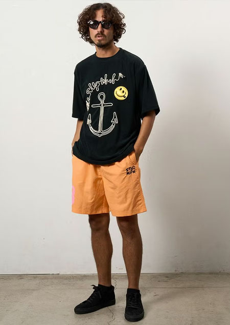 STUD MUFFIN TCパイル アンカーロープ刺繍スマイルパフパッチオーバーサイズSSシャツ Tシャツ | BLACK