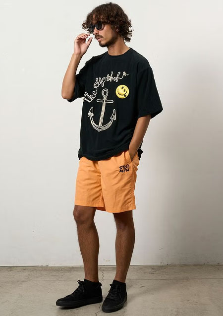 STUD MUFFIN TCパイル アンカーロープ刺繍スマイルパフパッチオーバーサイズSSシャツ Tシャツ | BLACK